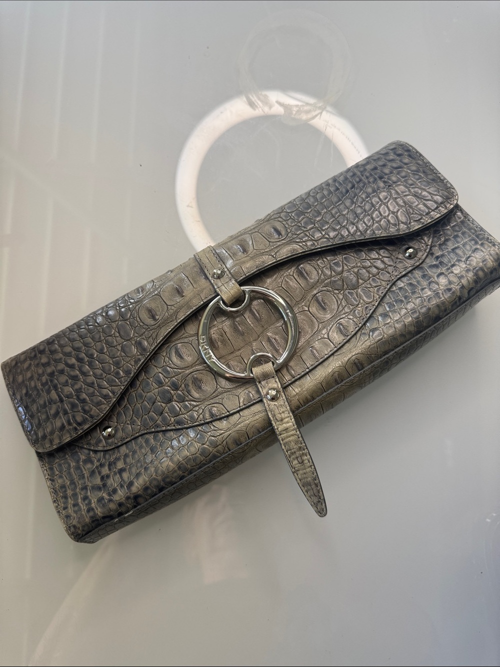 DKNY Gray Croc-Embossed Clutch with Silver Ring
